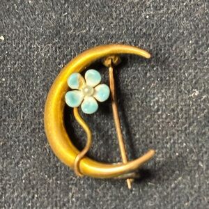 10k Gold Crescent Moon Brooch with Blue enamel Flower